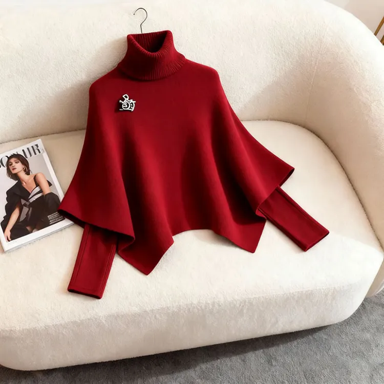 秋冬新款针织衫慵懒高级感跨年圣诞氛围感穿搭红色假两件斗篷毛衣