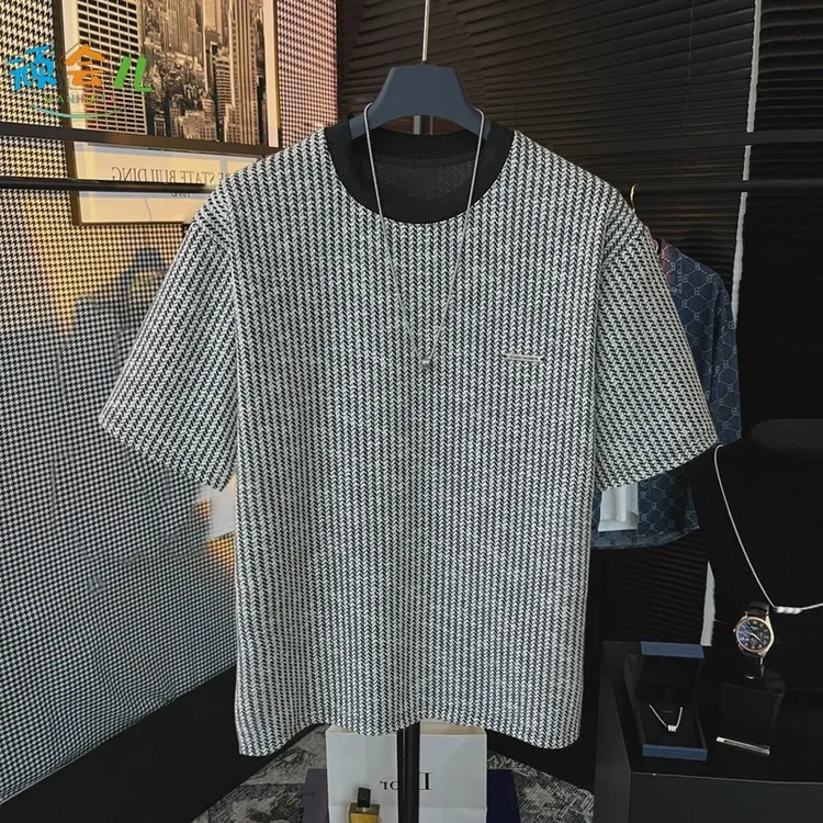 夏季黑白条纹百搭短袖T恤男士潮牌轻奢打底衫时尚小绣标半袖体恤