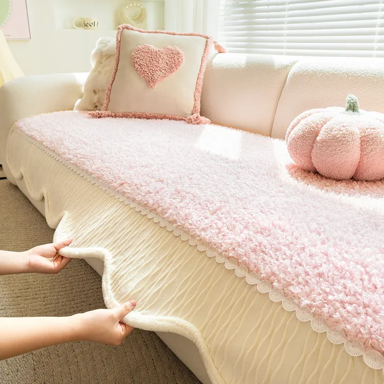 也米粉色羊羔绒沙发垫2025新款四季通用直排防滑客厅沙发坐垫盖布