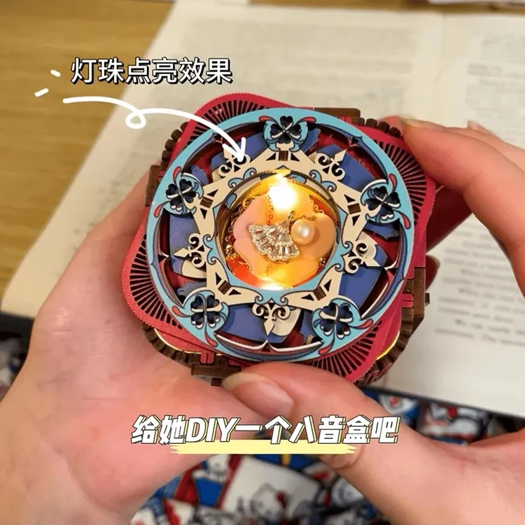 新款网红3D带灯音乐盒木质手工拼装首饰盒创意礼物DIY八音盒批发