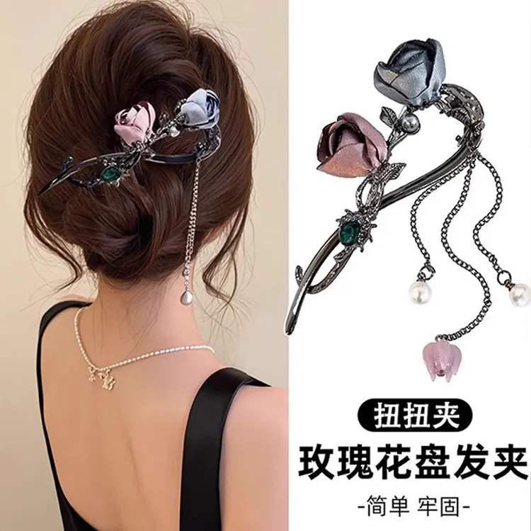 新中式玫瑰花朵扭扭夹古风流苏发夹女后脑勺发夹盘发神器头饰发饰