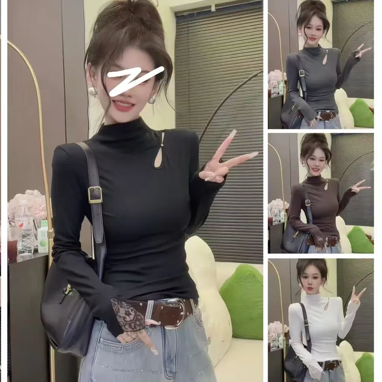 半高领蕾丝钉珠长袖上衣女2025秋冬新款加绒设计感百搭打底衫7158