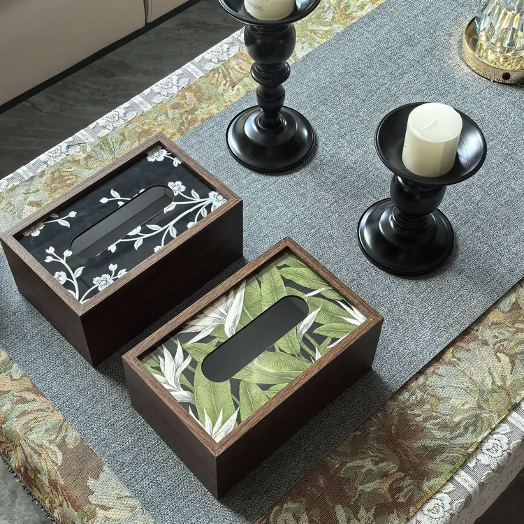 新款木质小白花绿竹叶款纸巾盒新中式纸巾盒客厅高档茶几收纳