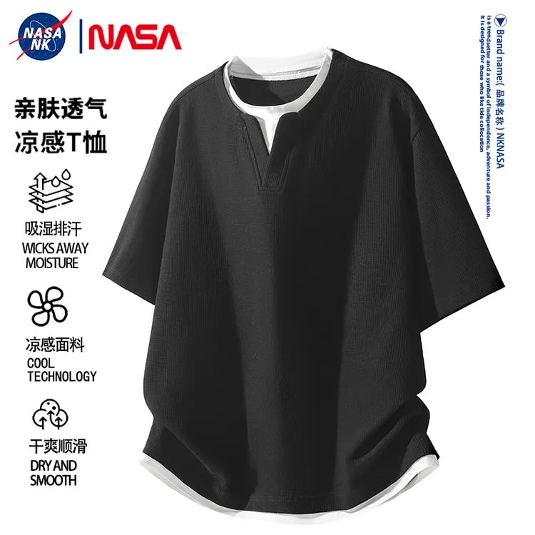 NASA联名夏季V领青少年短袖T恤男女同款日系薄款假两件宽松半袖潮