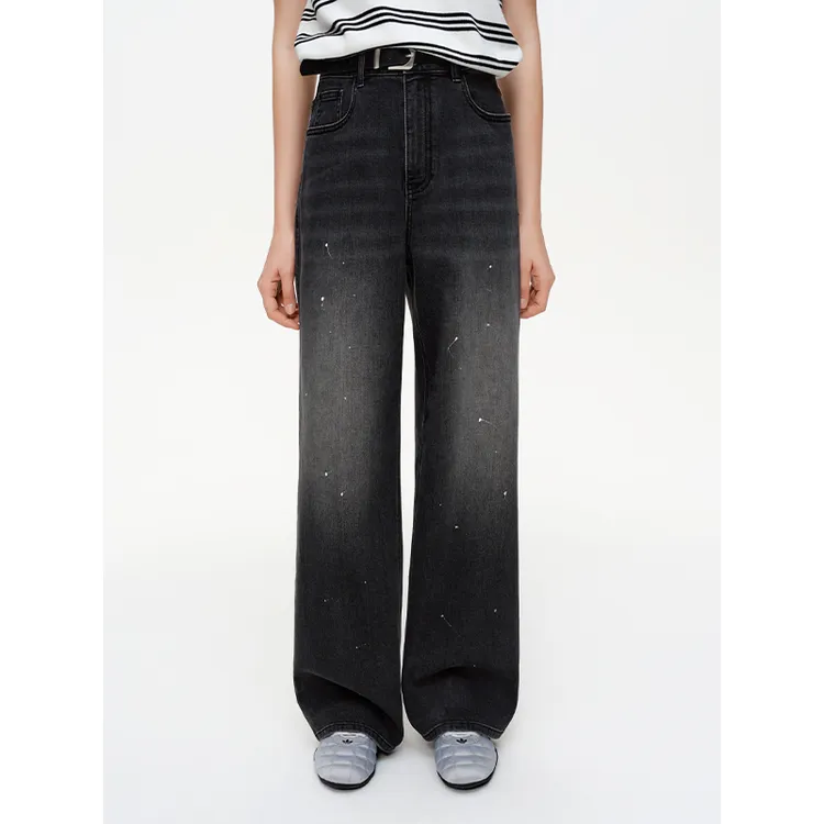 独束女装【泼墨牛仔】复古做旧牛仔裤时尚显瘦直筒裤26DS81096