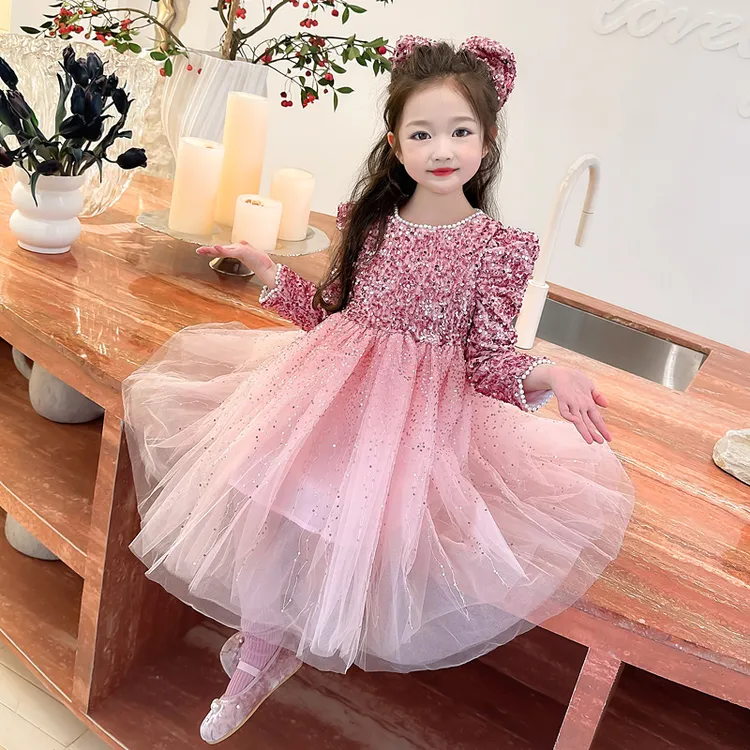 女小童亮片连衣裙春装2025新款女孩宝宝网纱蓬蓬裙子公主裙春秋季