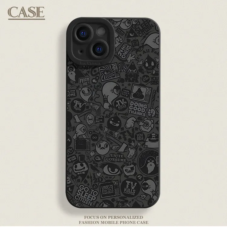 灰黑调涂鸦适用iPhone16ProMax手机壳15苹果14软13瞳影12磨砂11xs