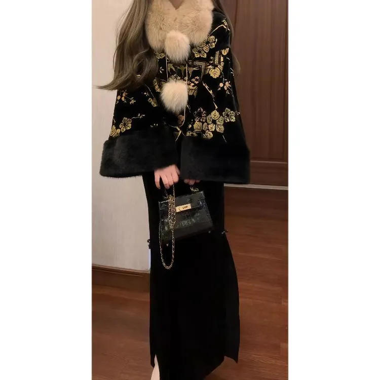 新中式老钱风夹棉丝绒短款毛领外套&黑色丝绒半身裙冬季套装89369