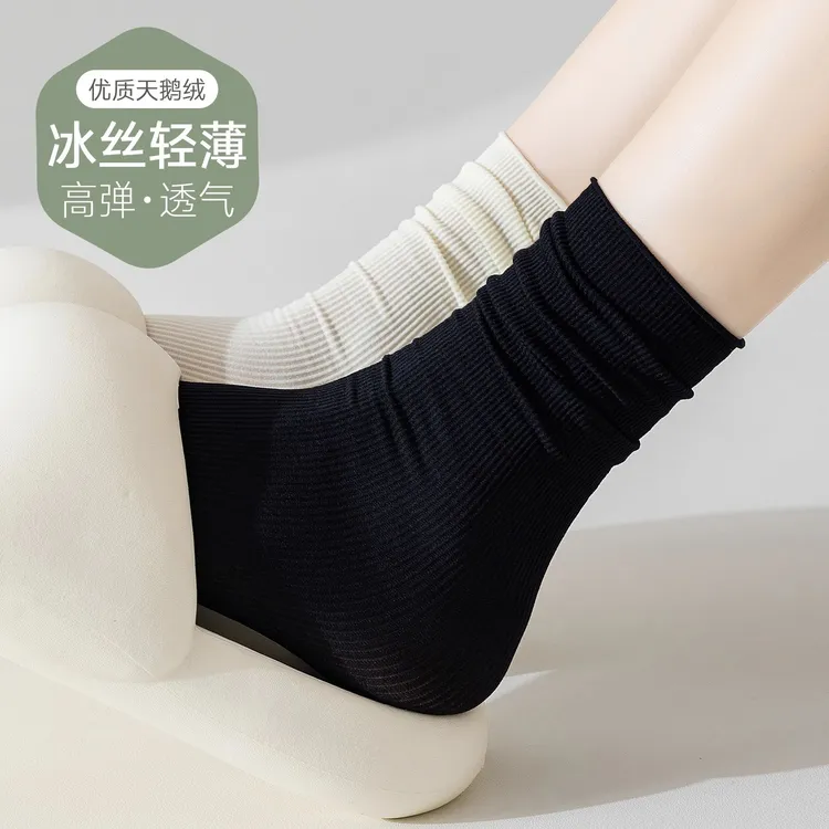 冰冰袜子女中筒袜搭配拖鞋小皮鞋堆堆袜夏季薄款冰丝天鹅绒春秋款