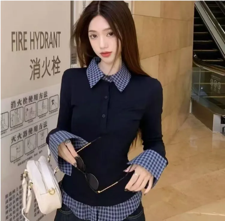 美式学院风假两件小众拼接衬衫长袖T恤女春秋新款修身收腰上衣
