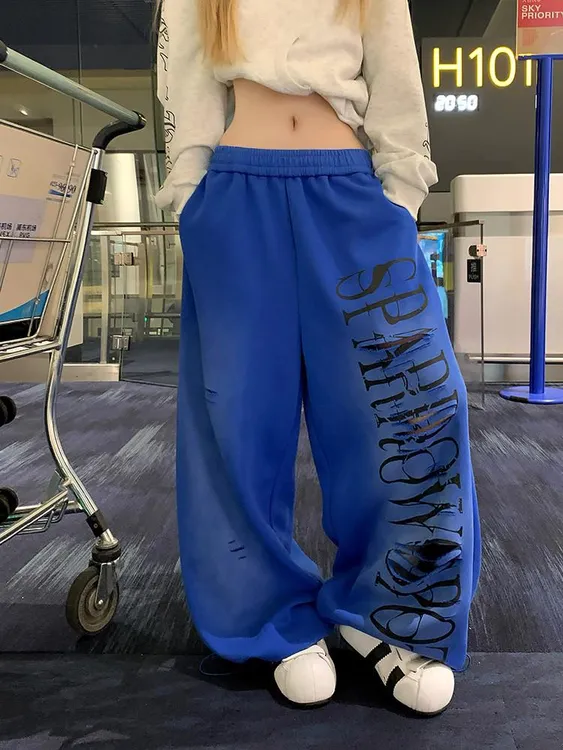 美式设计感破洞字母印花抽绳阔腿卫裤男女宽松休闲百搭长裤