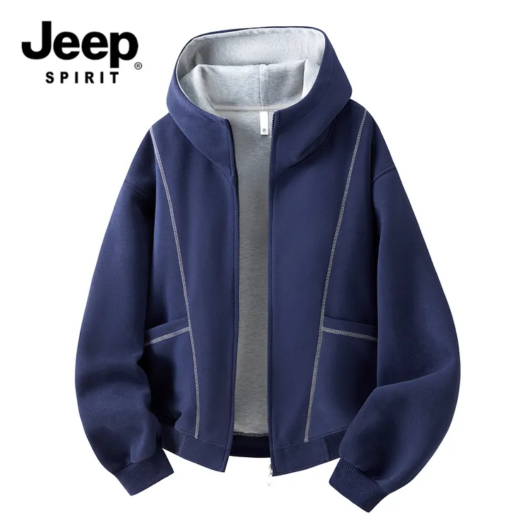 JEEP吉普潮流美式卫衣男重磅连帽拉链开衫明辑线时尚百搭廓形外套