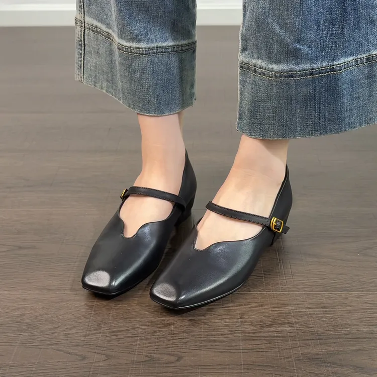3.5cm/2654牛皮平跟方头浅口单鞋软底复古百搭女鞋内增高玛丽珍