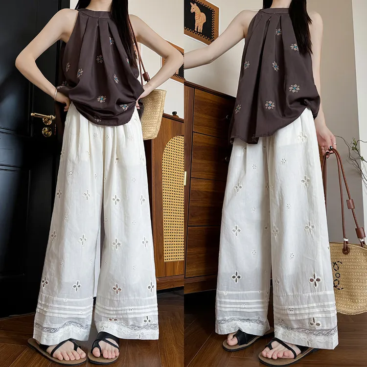 蕾丝拼接镂空度假风禅意气质款女装夏季薄款高腰显瘦宽松直筒裤子