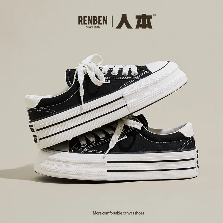 人本官方旗舰店厚底帆布鞋女2025秋季新款女鞋增高百搭透气板鞋子