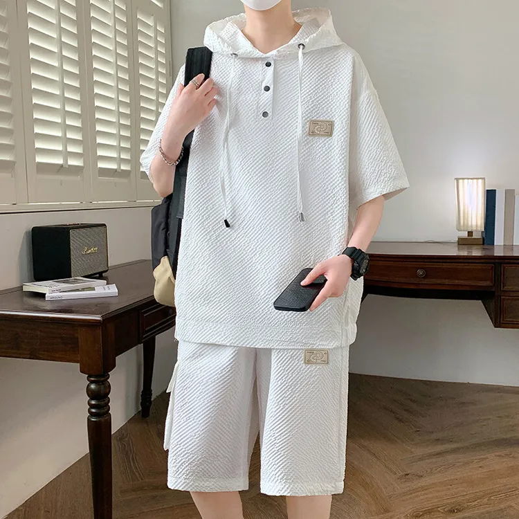 男士连帽冰爽透气短袖T恤薄款休闲套装夏季新款学生帅气体恤一套