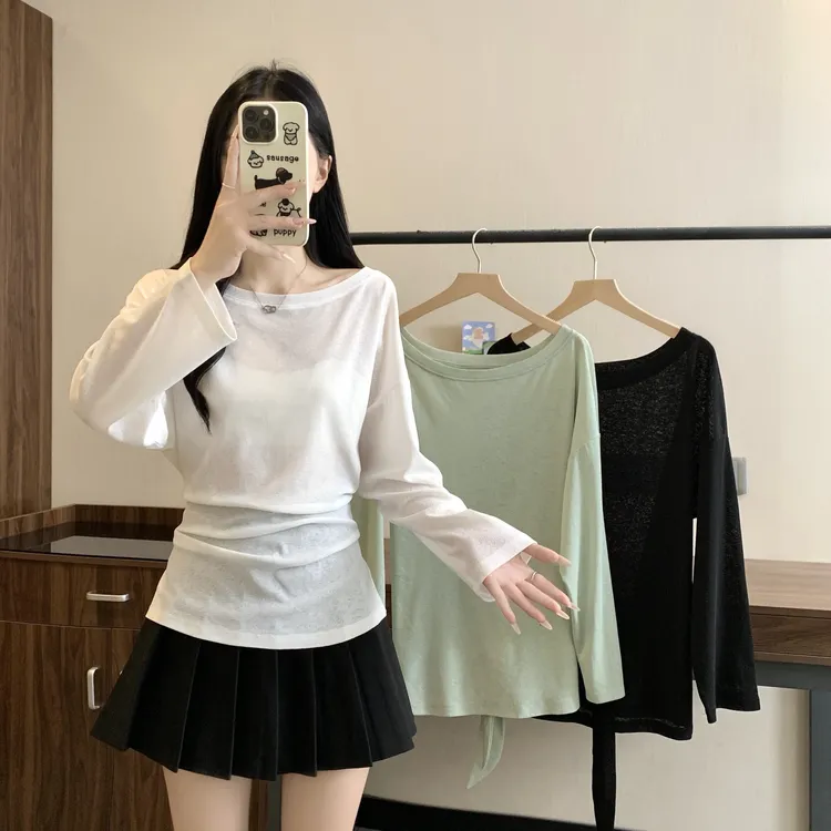 斜肩上衣后背绑带设计感纯欲风夏季透气显瘦大码女装T恤3357