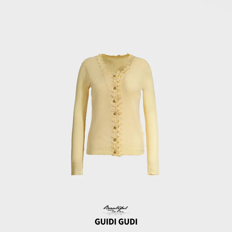 GUIDI GUDI【纯色花边】花边假两件长袖开衫外套/黄加蓝