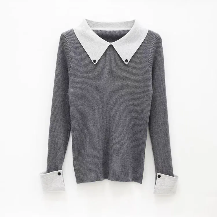 方领纽扣翻袖打底针织长袖百搭羊毛衫ly10271HH