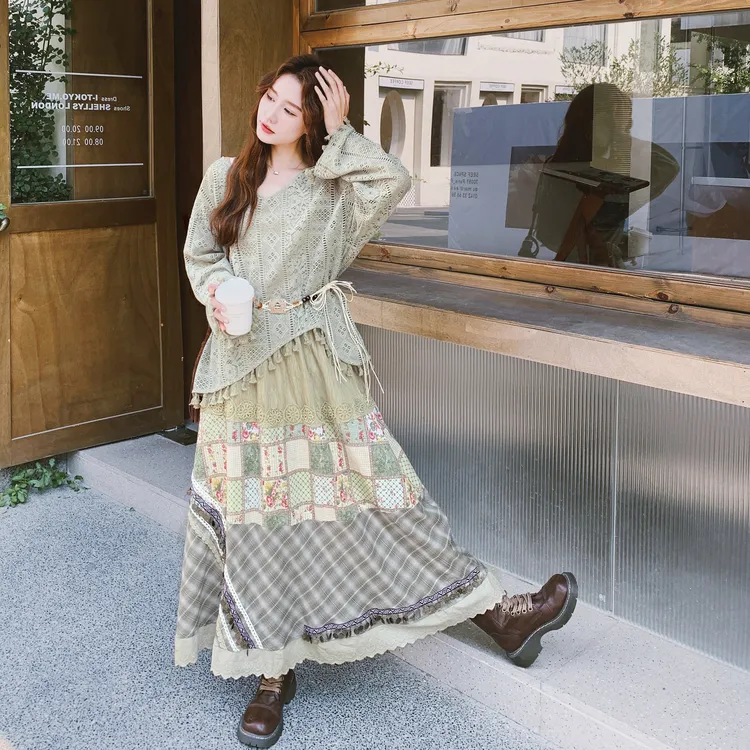 文艺复古森系波西米亚套装裙女2025早秋流苏针织印花半身裙两件套