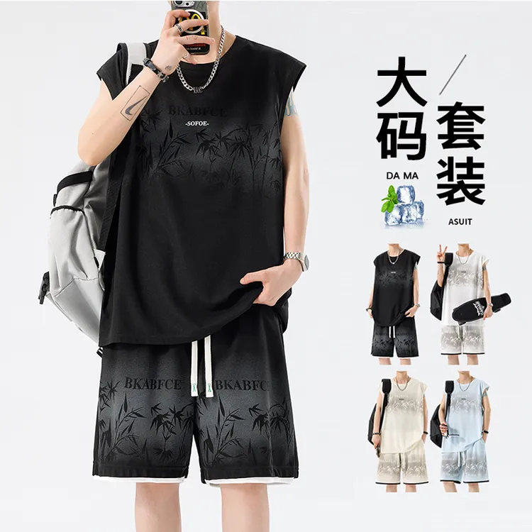 夏季大码男套装印花字母速干无袖背心加肥加大直筒休闲运动五分裤