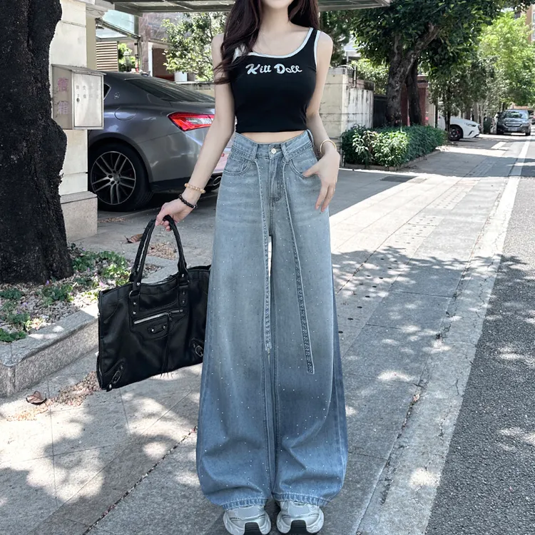 小个子渐变色满天星烫钻阔腿牛仔裤女2025秋季新款宽松显瘦直筒裤