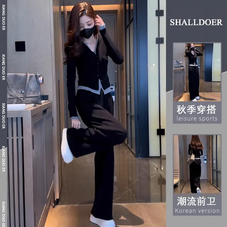 2025秋季新款V领百搭设计感显瘦上阔腿裤两件套品质女装时尚通勤