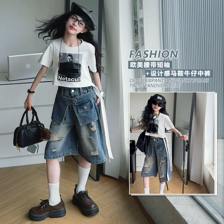 新款欧美腰带短袖马鞍腰封牛仔裤女童夏季新款宽松破洞裤两件套