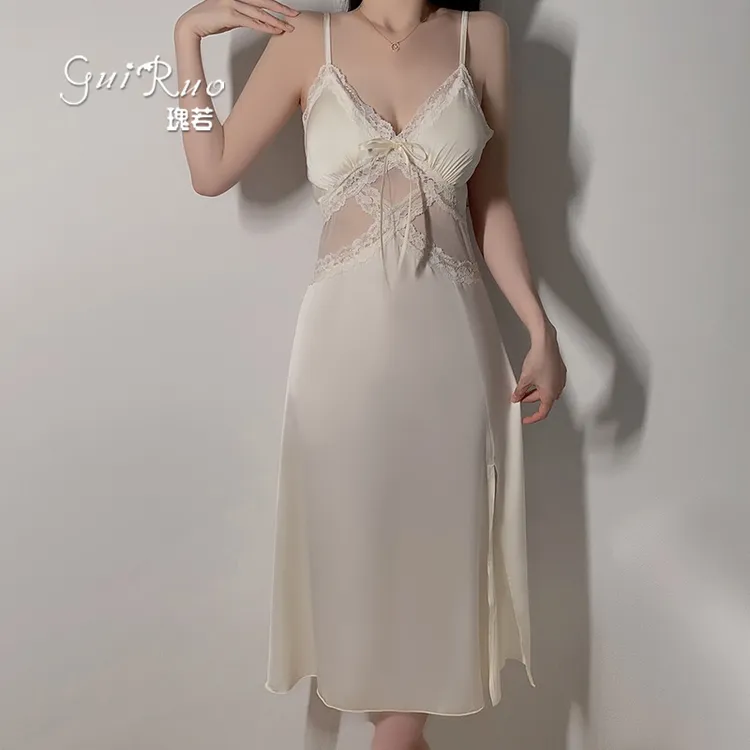 睡衣镂空网纱深V加胸垫吊带睡裙外袍家居服套装