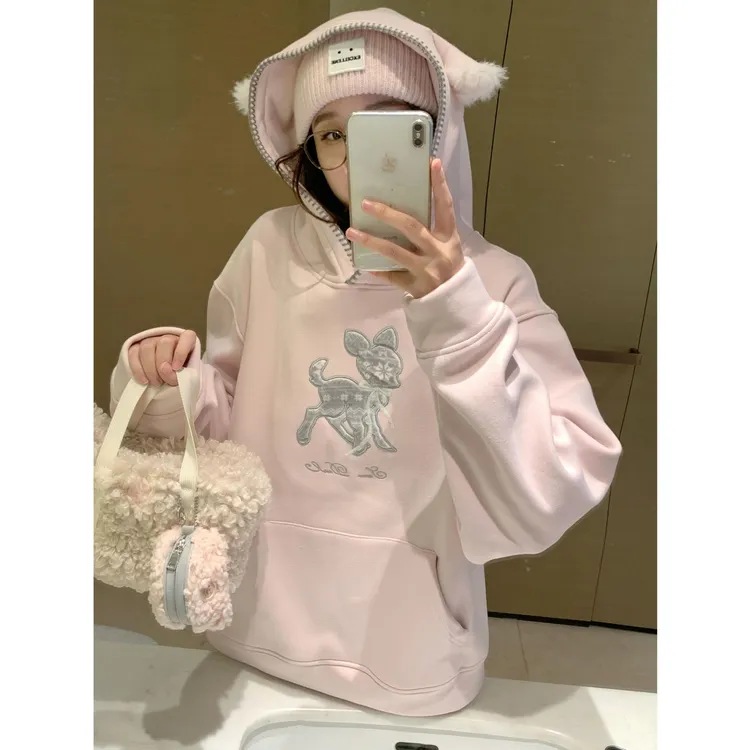 国潮牌高街小鹿刺绣连帽卫衣冬季外套女秋冬加绒加厚甜美风上衣