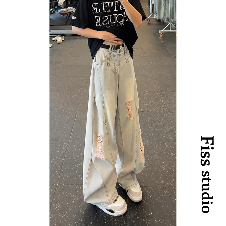 夏季新品原创设计款水洗破洞牛仔裤男美式高街休闲弯刀长裤夏季