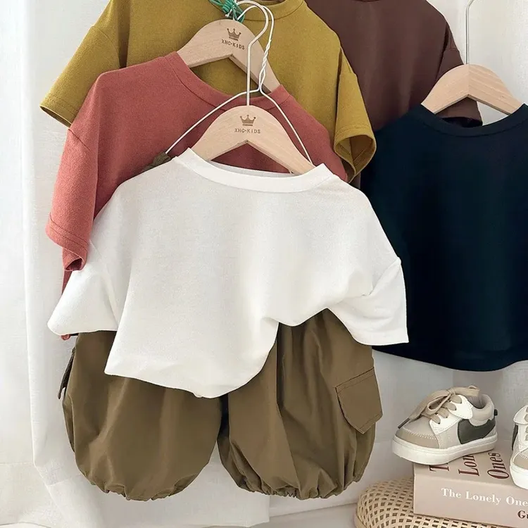夏新款男女童套装韩版潮童洋气休闲中性短裤森系棉麻纯色短袖上衣