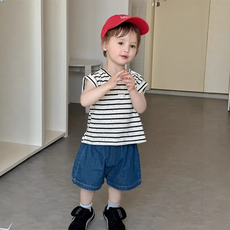 男童条纹T恤牛仔短裤套装夏季薄款韩版童装宝宝夏装2025儿童夏款
