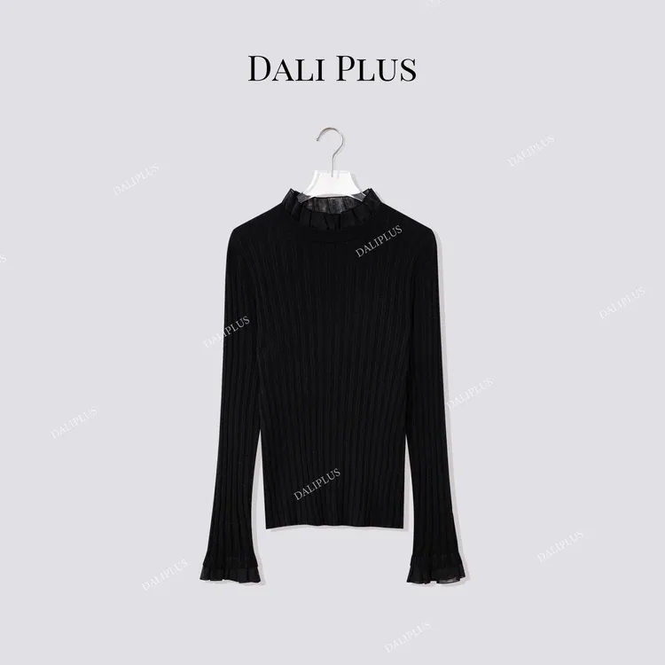 DALI PLUS‘’木耳边立领打底”100绵羊毛百搭款针织-D5MM3283