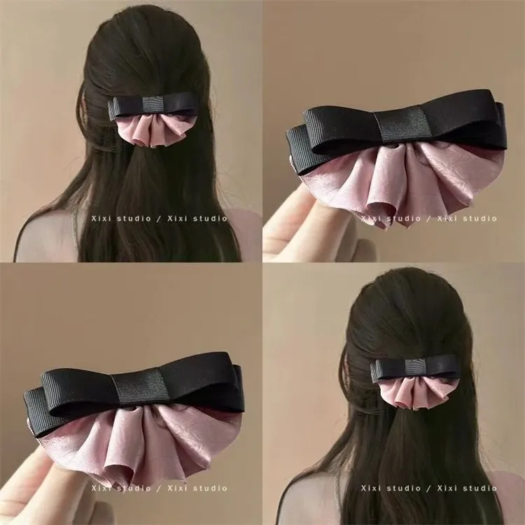 韩粉荷叶边褶皱发夹后脑勺半扎发披发蝴蝶结弹簧夹温柔气质头饰女