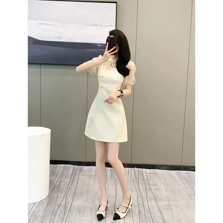 新中式国风连衣裙女夏季小个子显瘦蕾丝拼接改良旗袍新款短款裙子