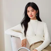 伊芙丽绞花浮雕工艺堆堆领绵羊毛打底长袖T恤2025秋新女1G9902261