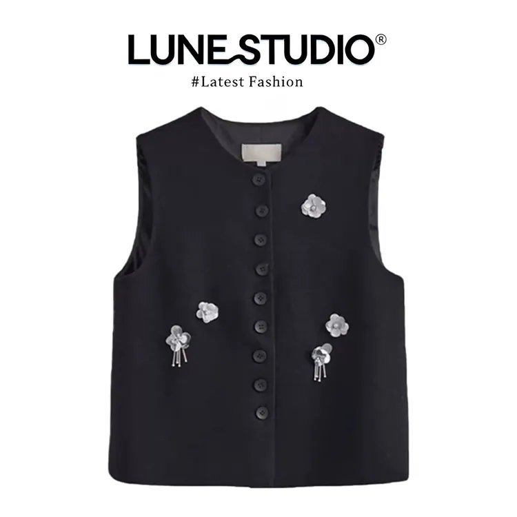 黑色复古单排扣马甲女春秋花朵水钻装饰甜酷小众无袖叠穿背心