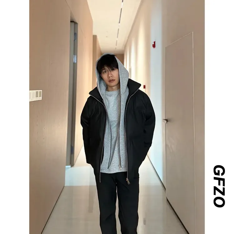 冬季美式短款假两件插肩剪裁双层连帽双拉链加厚保暖棉服