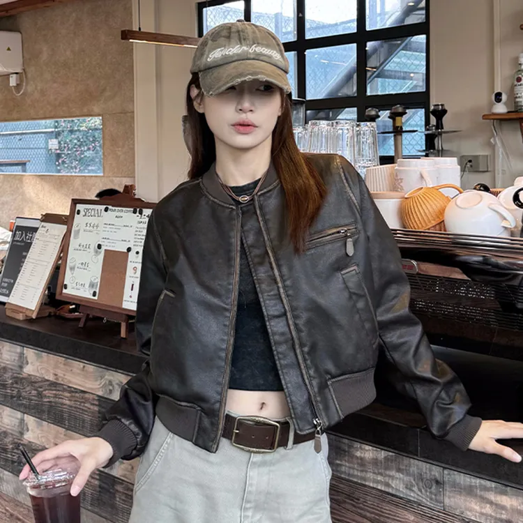 加绒加厚保暖美式短款机车皮衣夹克女复古拉德外套皮夹克百搭上衣