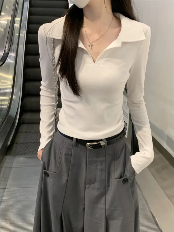 bm风辣妹修身气质Polo领收腰短款长袖打底上衣女秋季2025内搭T恤