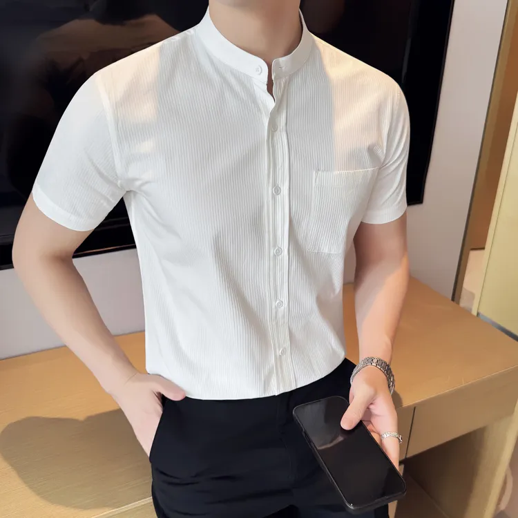 高级感商务立领条纹短袖白色衬衫男士半袖纯棉休闲衬衣夏季新款潮