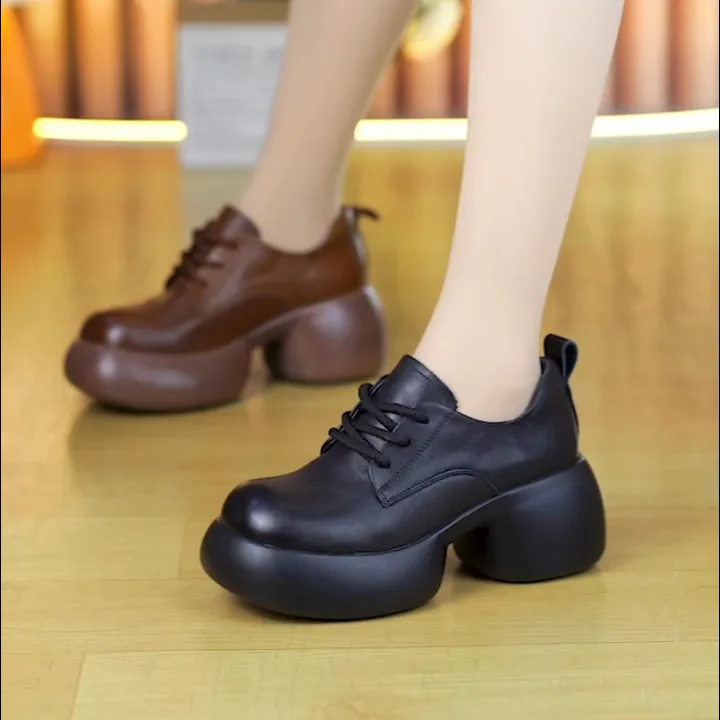 9898真皮小皮鞋女2025年春季新款小个子厚底一脚蹬系带软底单鞋
