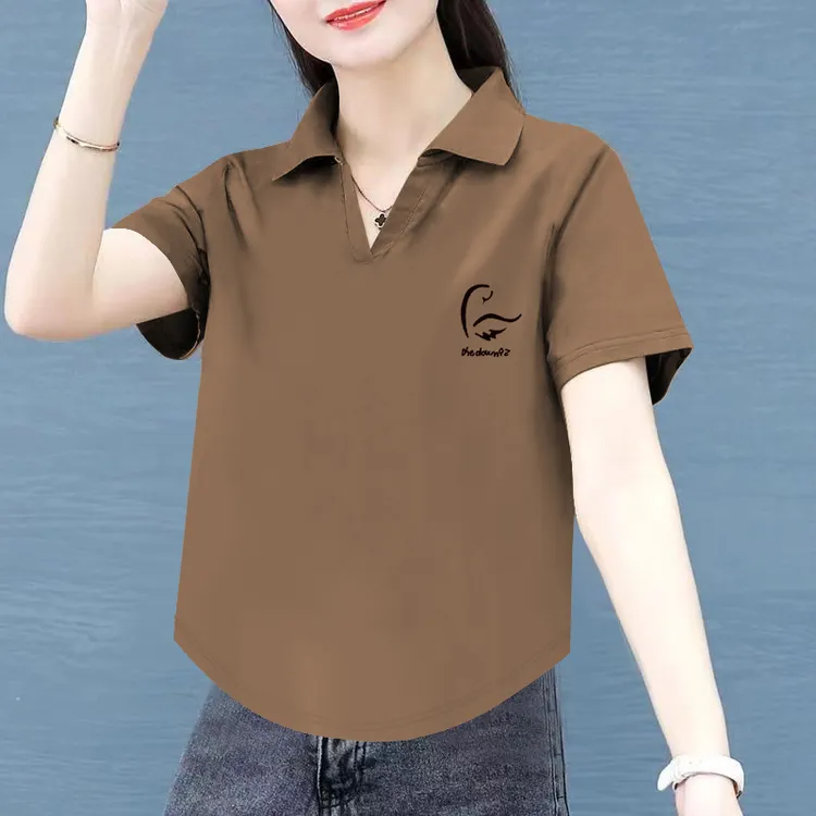 夏装冰瓷棉短袖宽松POLO衫设计感百搭显瘦时尚休闲中年女士翻领衫