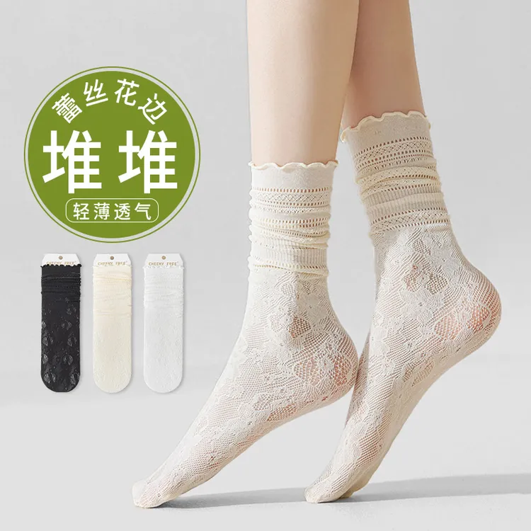 袜子女夏季薄款蕾丝花边中筒袜芭蕾风冰冰袜100%正品短袜全棉袜子