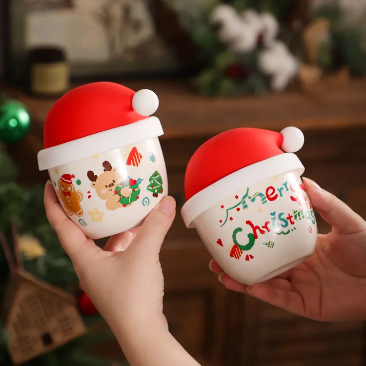 川岛屋圣诞咖啡杯陶瓷水杯马克杯家用喝水高颜值带盖拿铁手握杯子