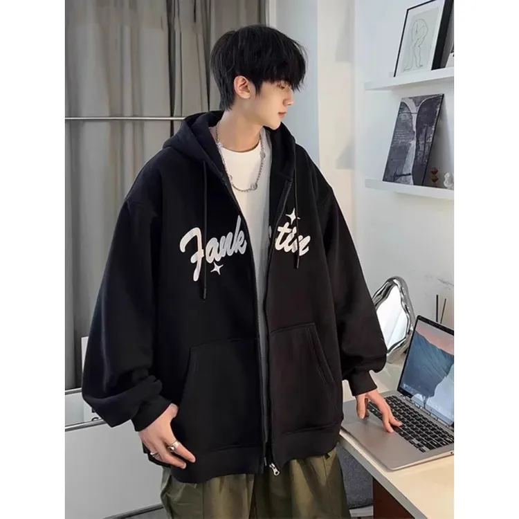大码男装春秋季港风男生卫衣开衫休闲加肥加大连帽宽松加绒外套衫