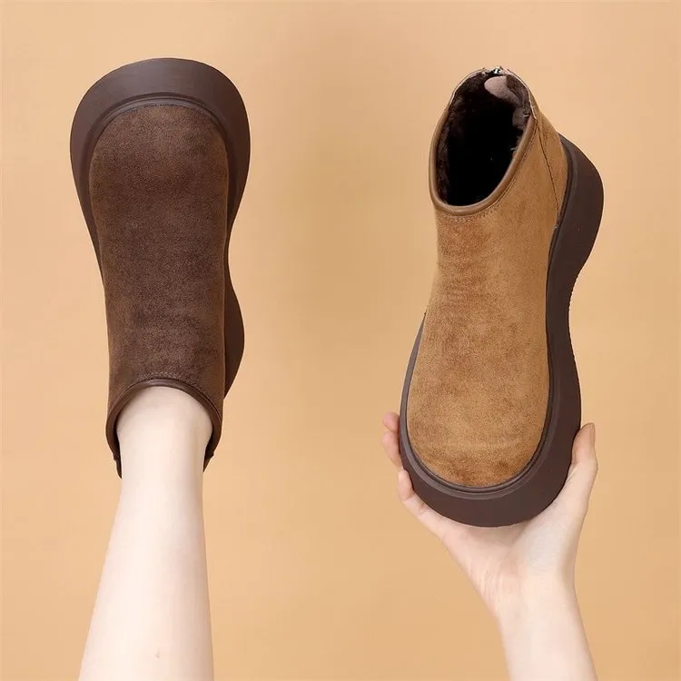 厚底磨砂复古低帮短靴女2025年冬季新款加绒后拉链防寒保暖雪地靴