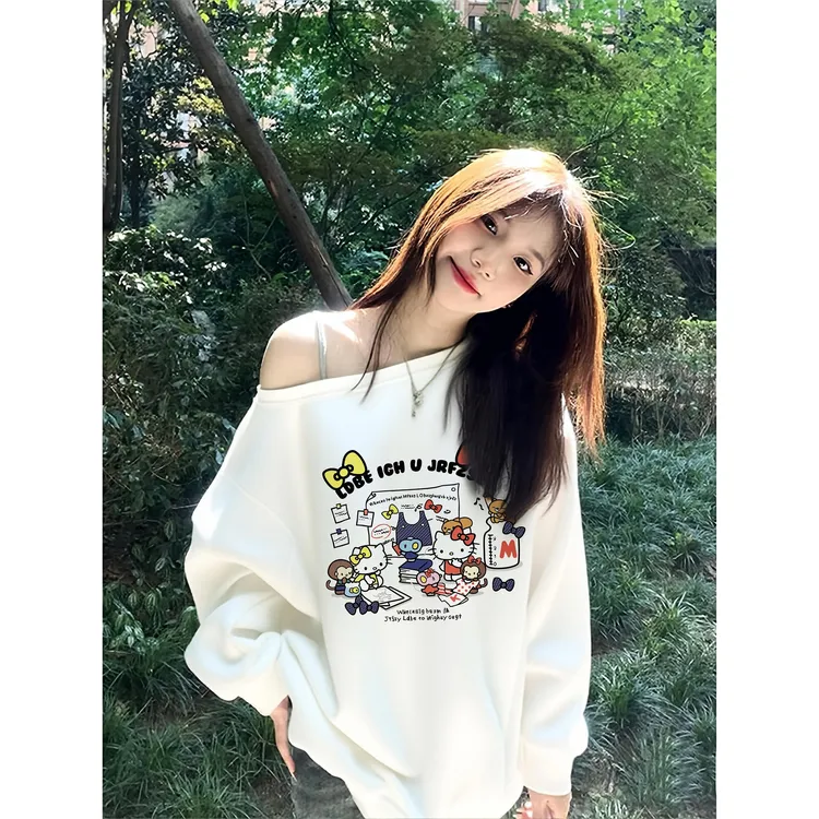 学院风甜美kitty猫印花斜领露肩卫衣女oversize宽松百搭白色上衣