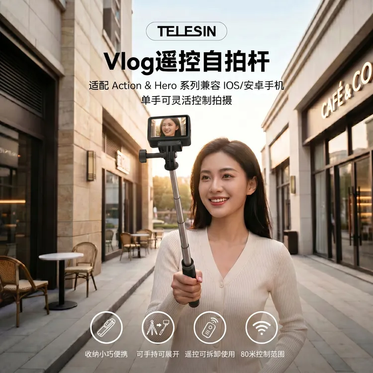 【泰迅vlog蓝牙遥控自拍杆】适配手机大疆action5pro/6/4拍TELESIN商品图